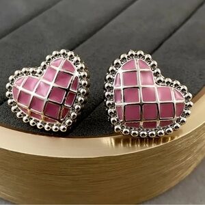 Heart Shaped Pink & Gold Tone Stud Earrings Enamel Grid Design NWT